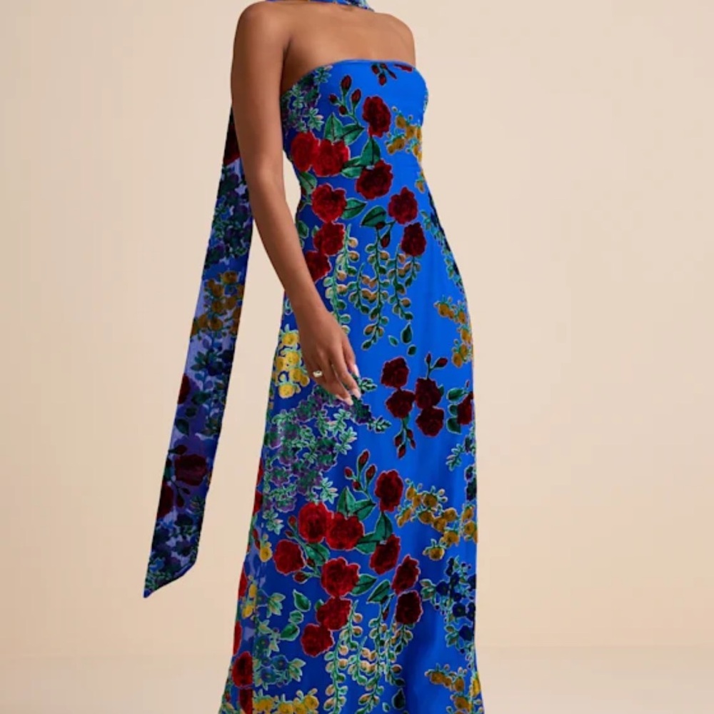 Lulu's Royal Blue Strapless Floral Maxi Dress